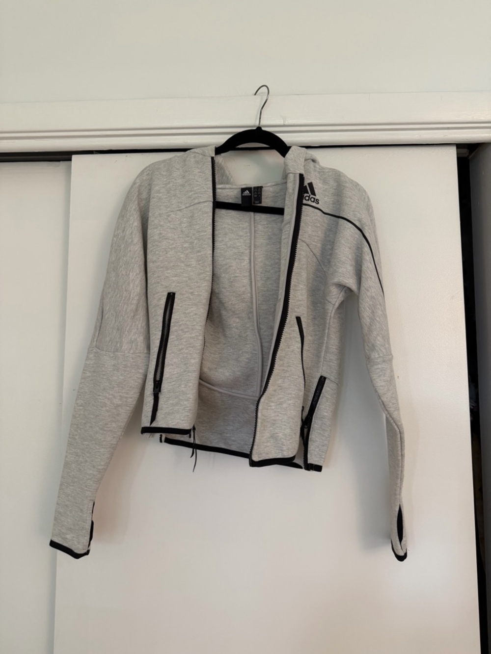 adidas Women’s Light Gray Zip Hoodie with Black Trim